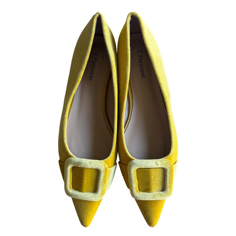 $138 NWOB C.Paravano French Yellow Aria Velvet Pointed Toe Buckle Flats 38.5/US8